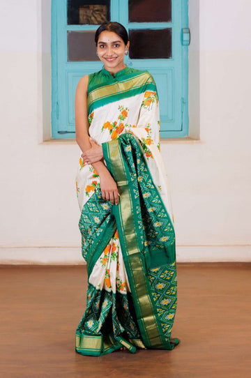 White and Green Pochampally Silk Saree with Kanchipuram Border