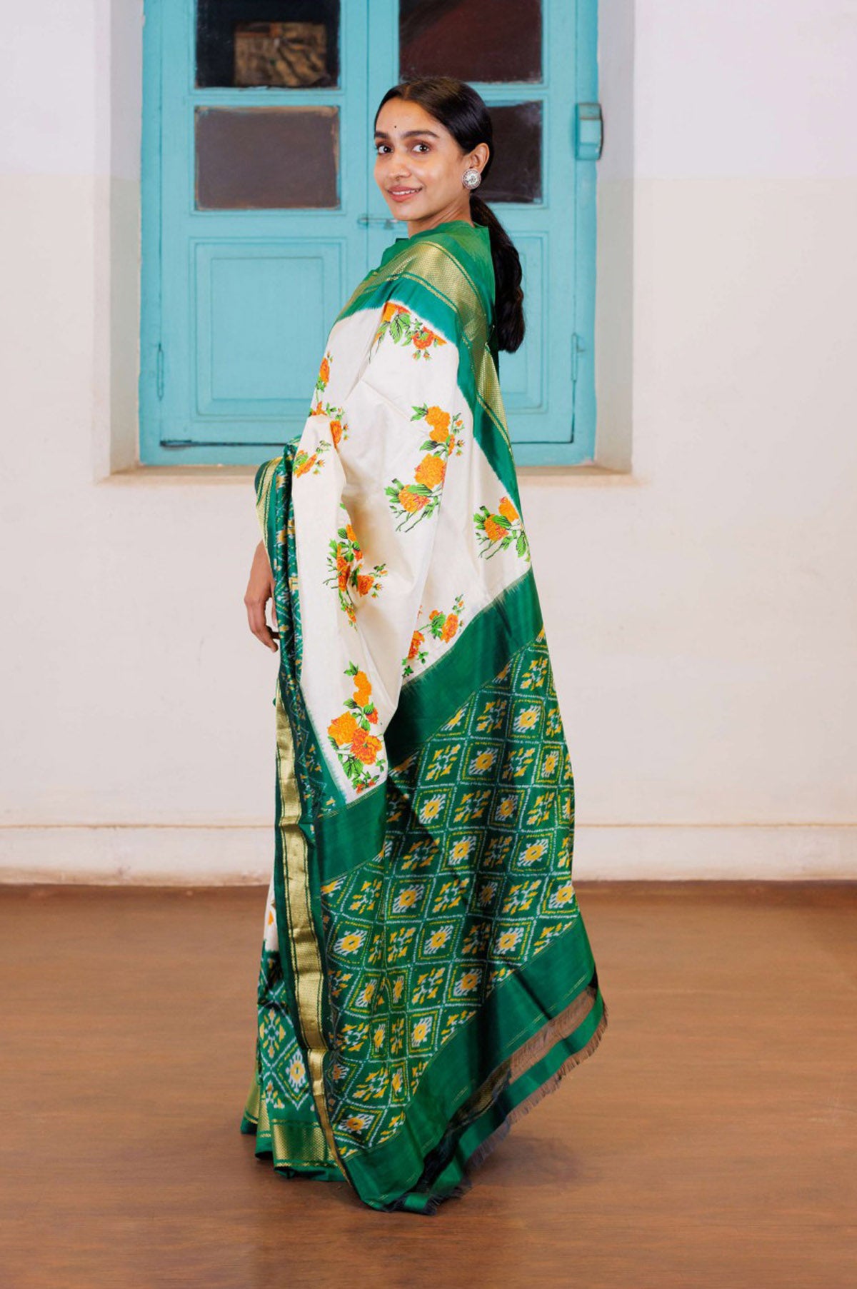 White and Green Pochampally Silk Saree with Kanchipuram 