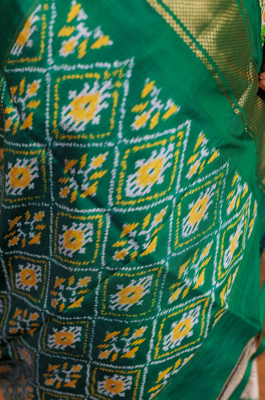 White and Green Pochampally Silk Saree with Kanchipuram 