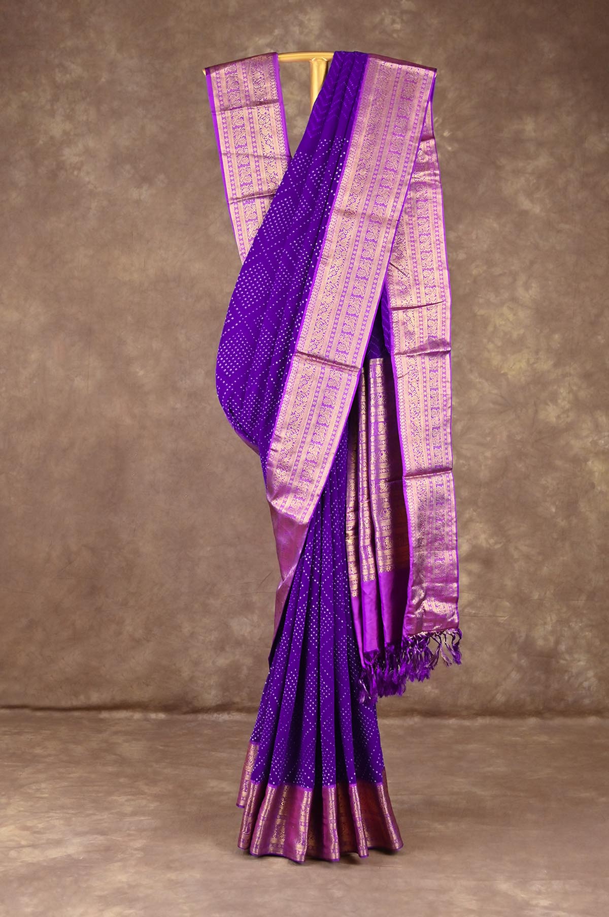 Violet Bandhani Silk Saree with Kanchipuram Border