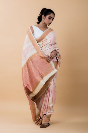 Pink and White Banaras Mashru Silk Saree