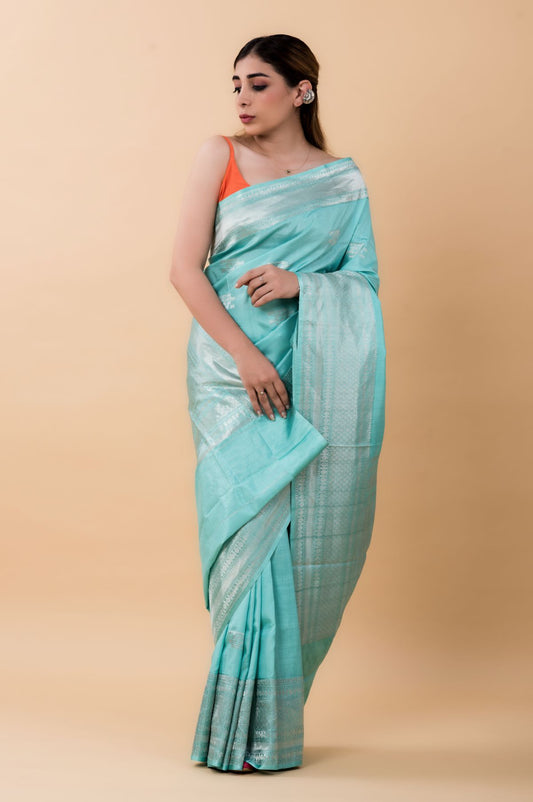 Sea Blue Banaras Mashru Silk Saree