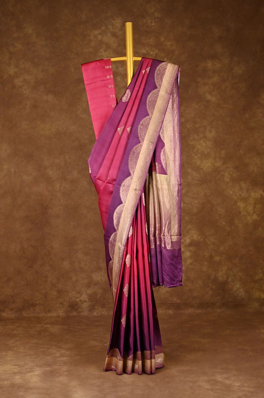 Pink and Purple Banaras Satin Silk Saree