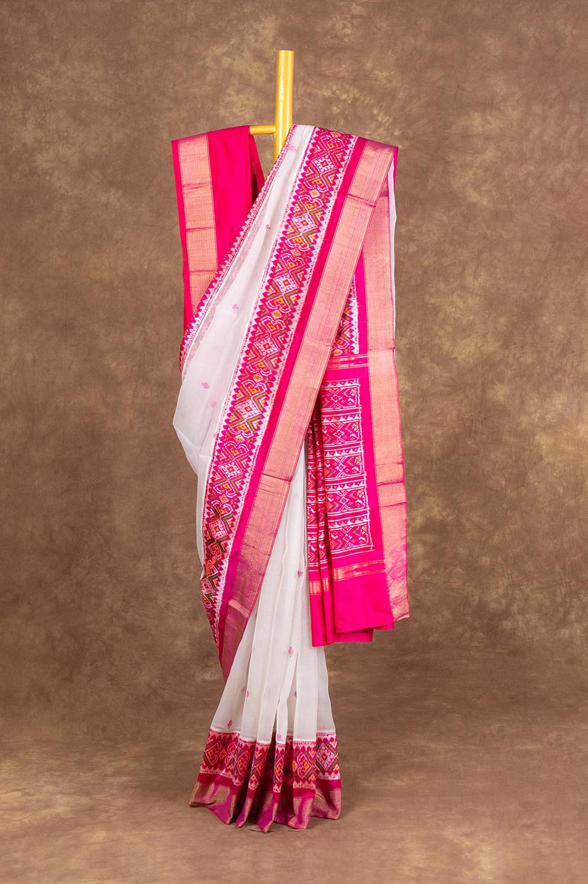 White and Pink Organza Saree with Rajkot Patola Border