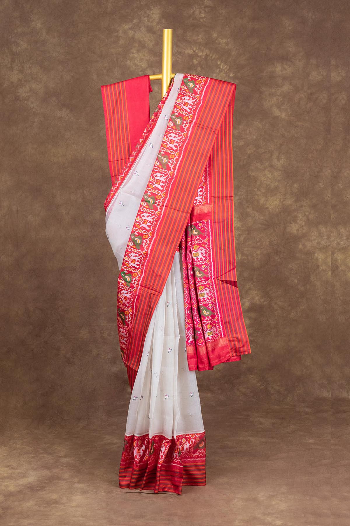 White and Red Organza Saree with Rajkot Patola Border