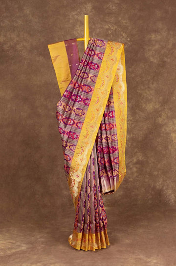 Purple and Yellow Banaras Kora Silk Saree