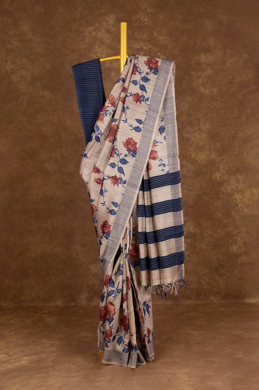 Beige Tussar Silk Saree