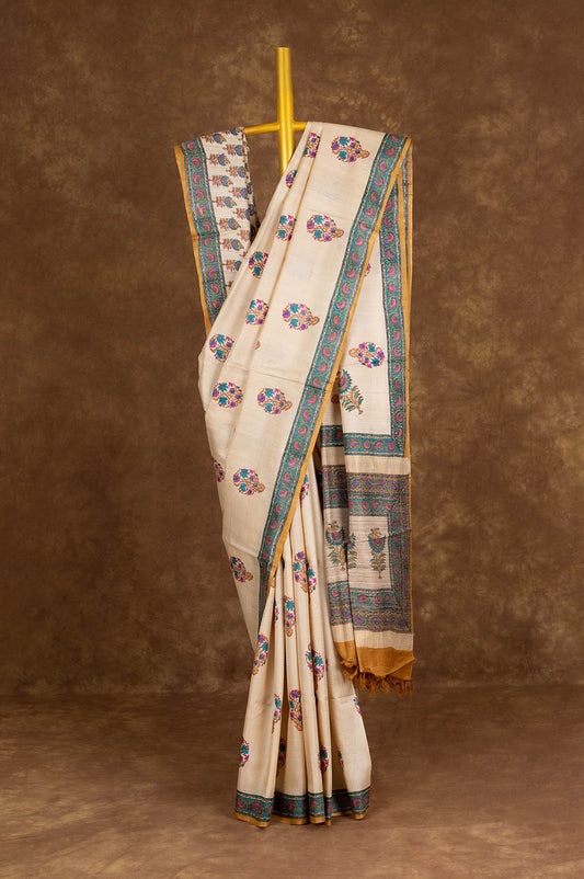 Cream Tussar Silk Saree