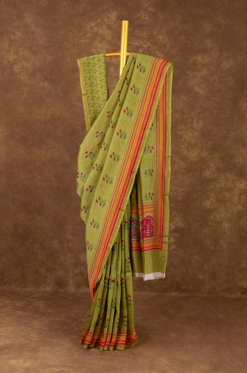 Olive Green Chanderi Silk Cotton Saree