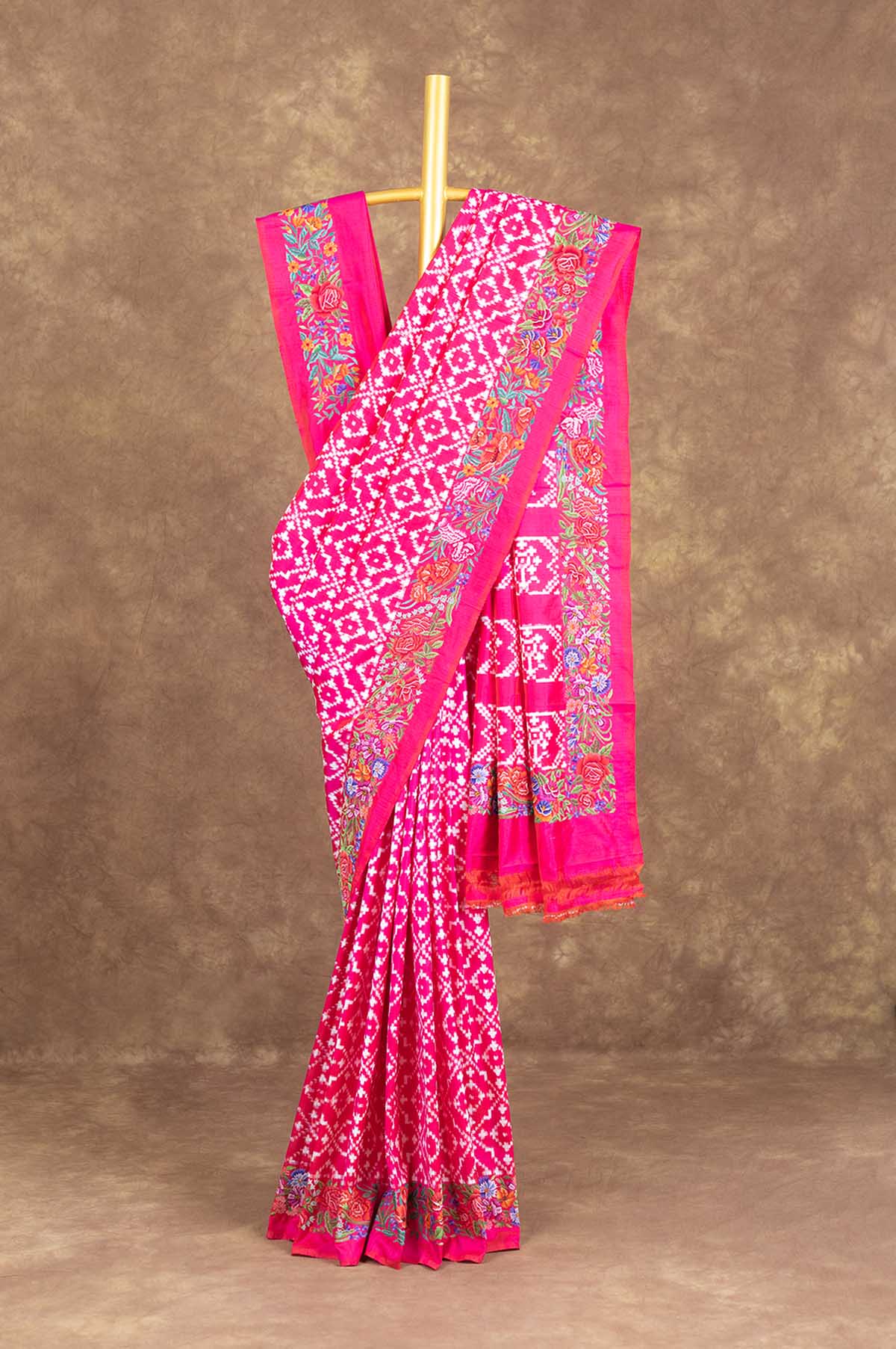 Patan Patola Petit Point Embroidery Pink Saree
