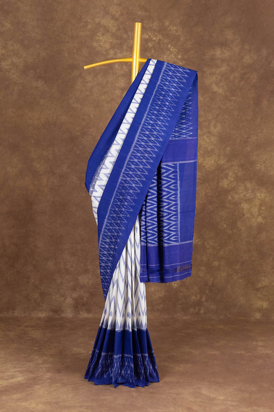 White and Blue Pochampally Ikat Cotton Saree