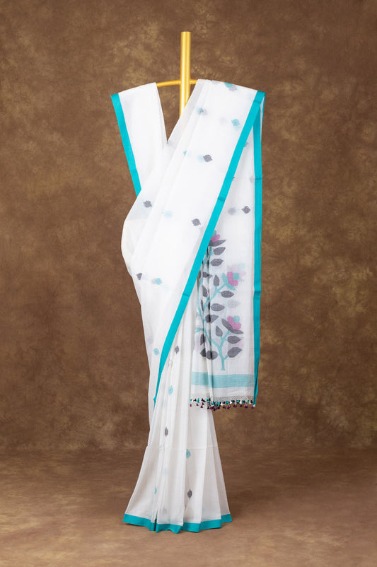 White and Blue Bengal Cotton Saree