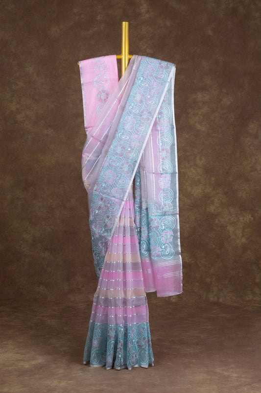 Pink And Blue Organza Saree