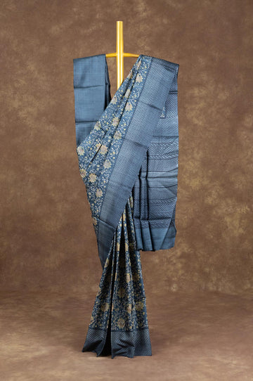 Dark Peacock Blue Tussar Silk Saree