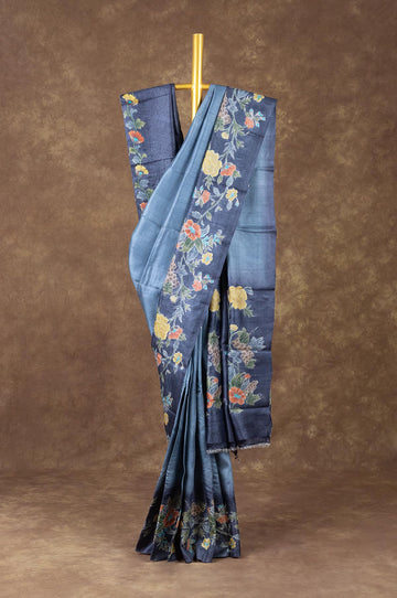 Blue Tussar Silk Saree