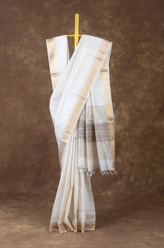 Cream Tussar Silk Saree