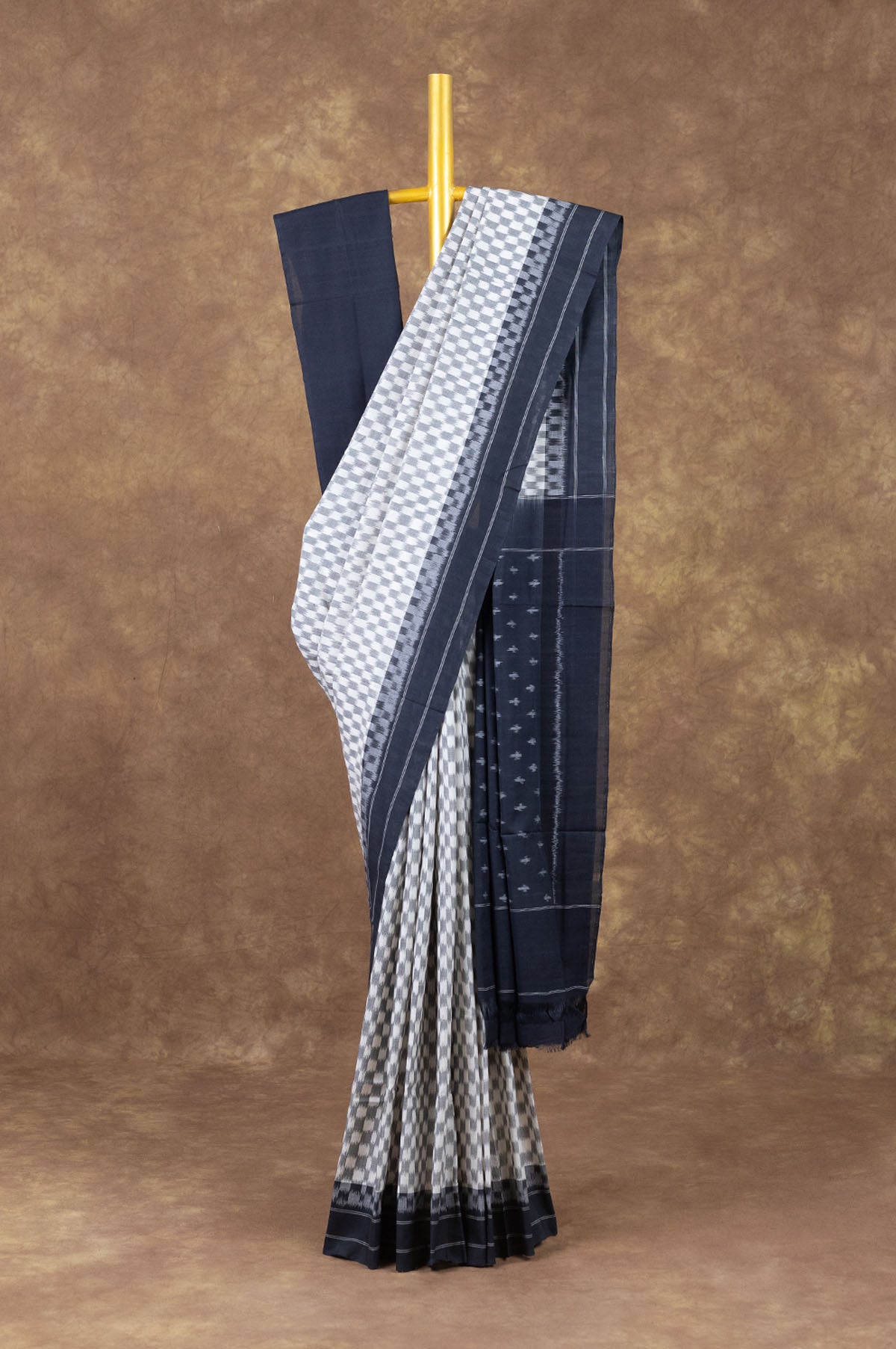 White and Grey Ikat Cotton Saree