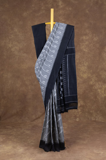 Grey And Black Ikat Cotton Saree