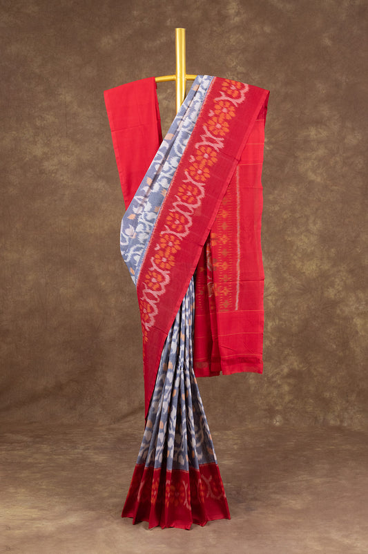 Grey and Red Ikat Cotton Saree