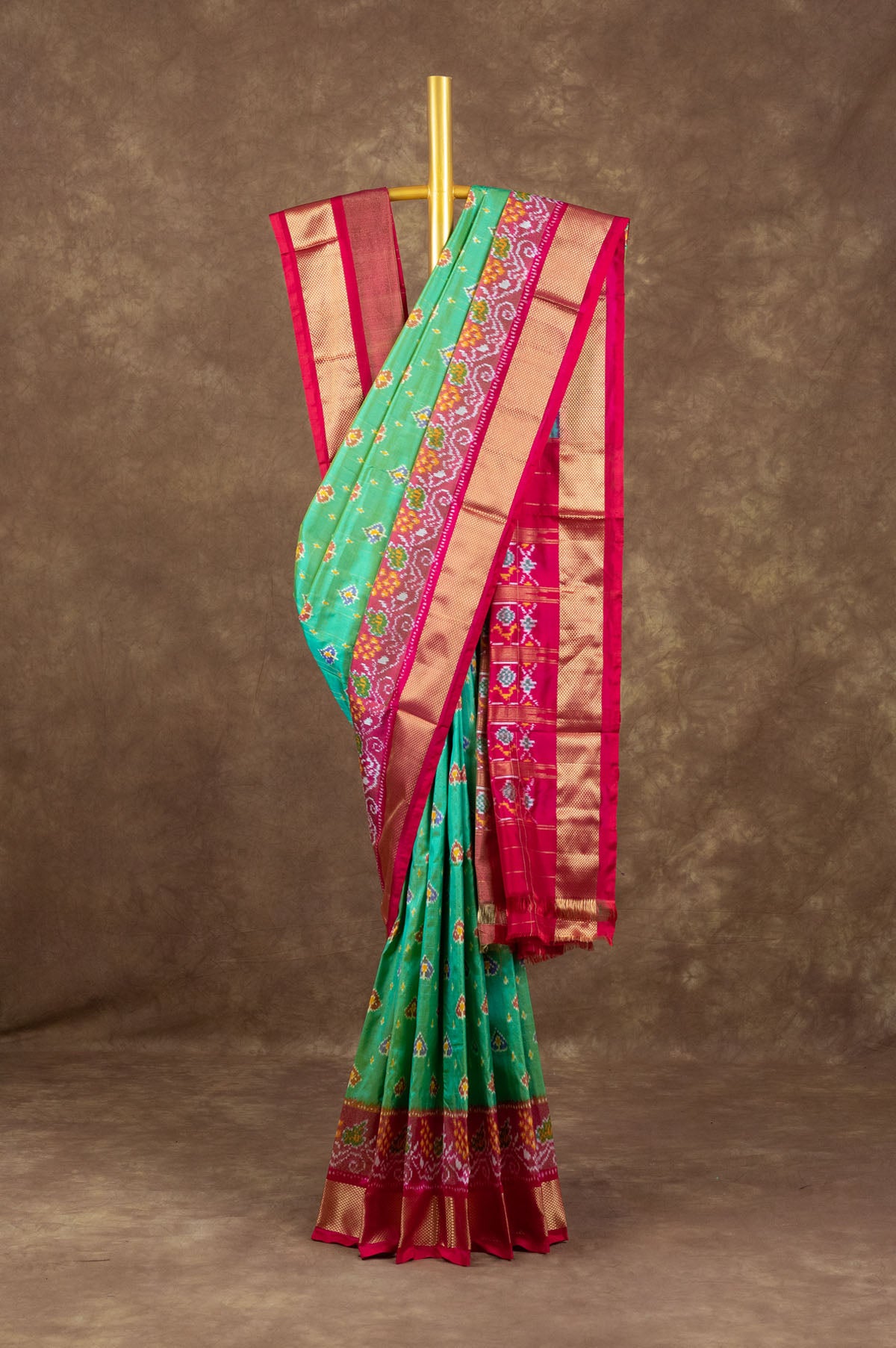 Parrot green Ikat Silk Saree