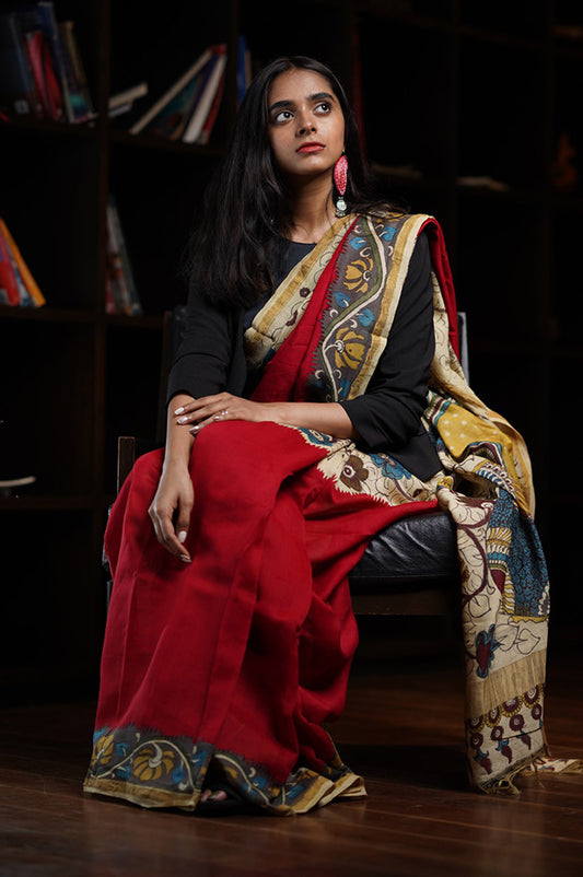 Red Kalamkari Silk Cotton Saree - Mavuri